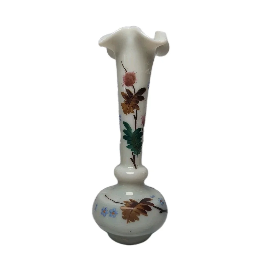 Hand Painted Bristol Glass Ruffle Vases, Caramel/Clambroth Color Vintage Flowers